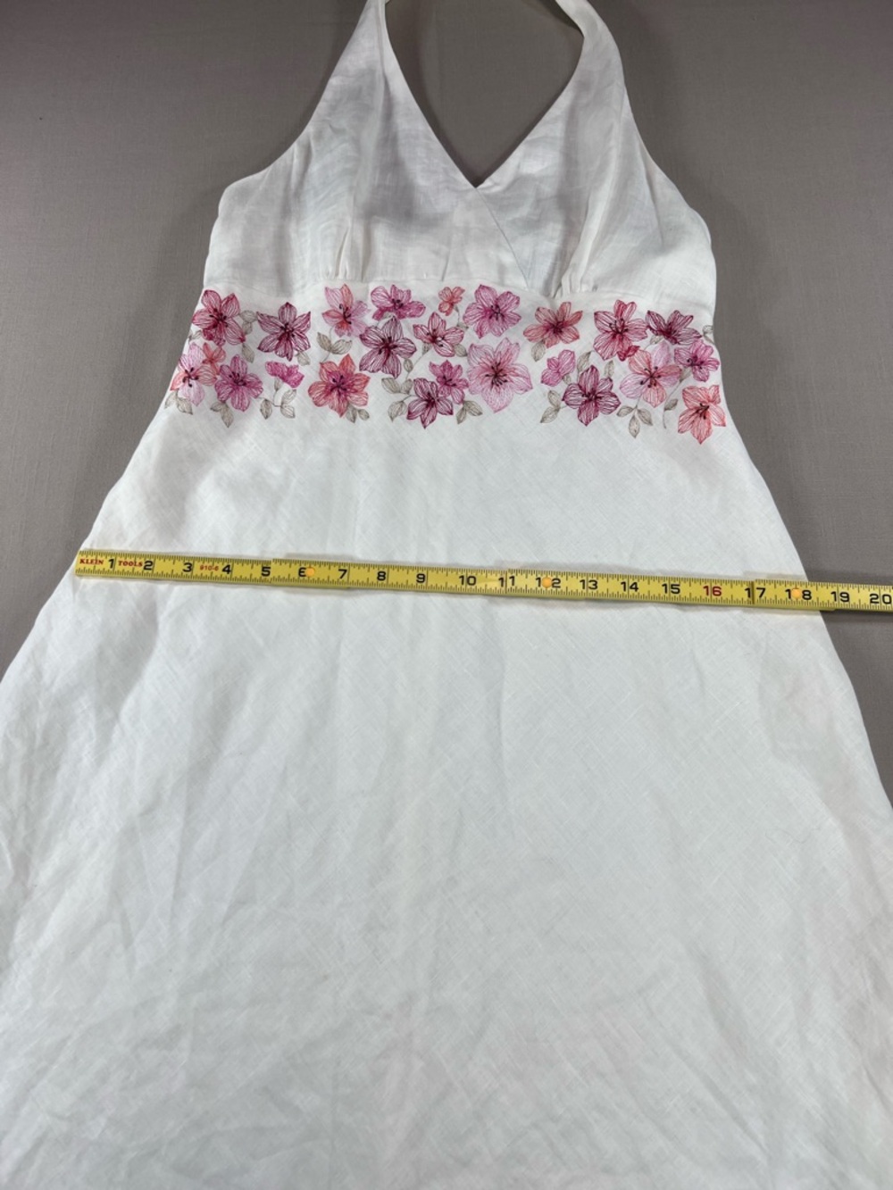 Ann Taylor Women’s Linen Halter Dress Pink Floral Embroidery Empire Waist Midi - Picture 10 of 16